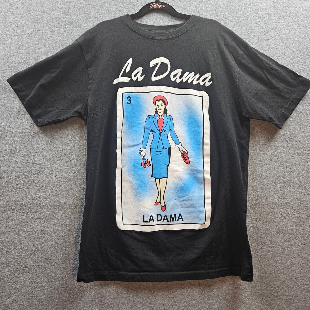La Dama Mexican Loteria T-Shirt Women's Cotton Tee with Symbolic Design Black M